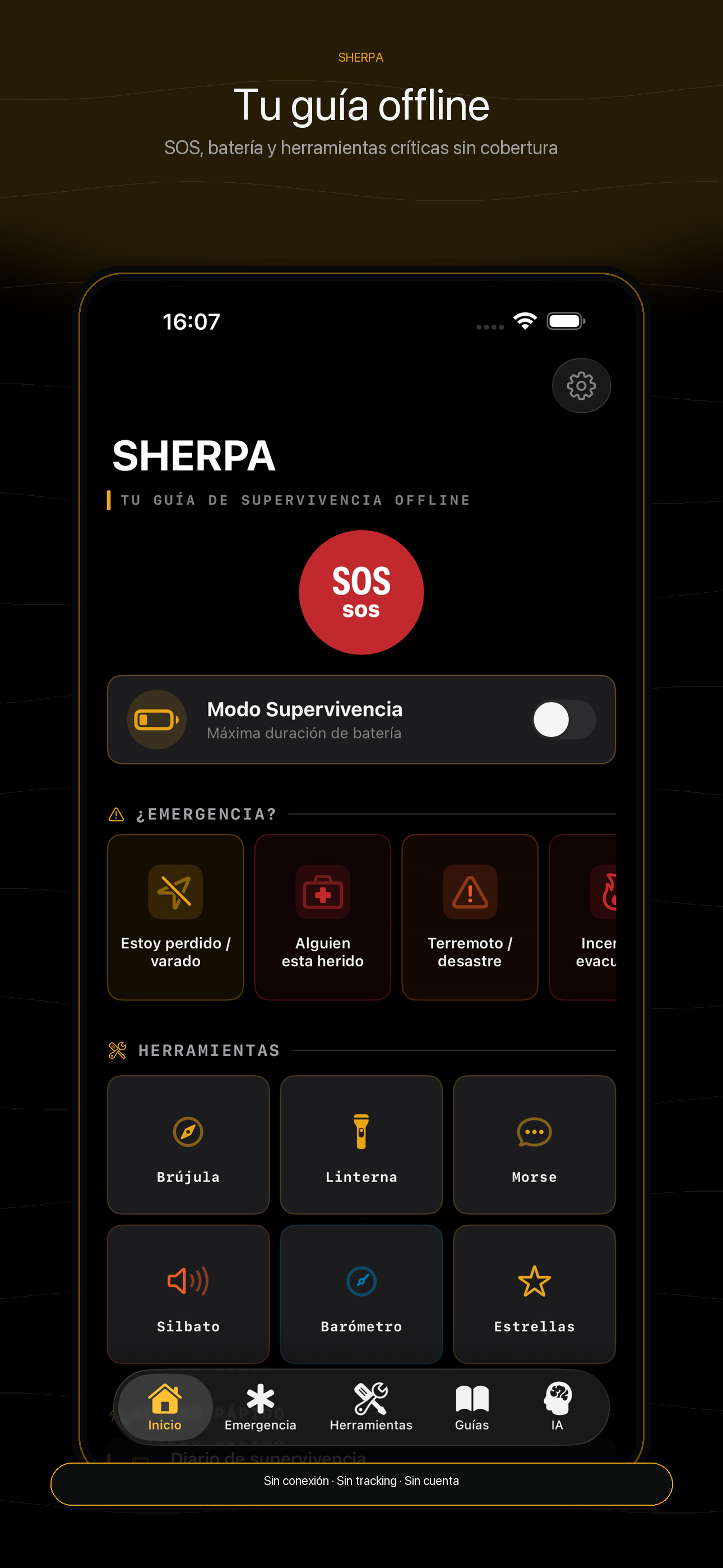 SHERPA home screen with SOS and survival tools