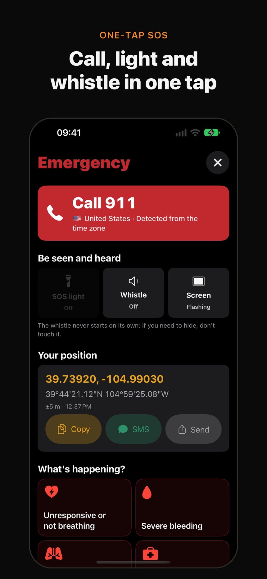 Prepper one-tap SOS screen